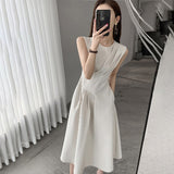Women O-Neck High Waist Summer Elegant Midi White Dresses