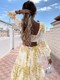Sexy V-Neck Backless Hollow Out Lantern Sleeve Maxi Dress
