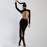 Summer Long Sleeve Fashion High Neck Backless Elegant Black Dress