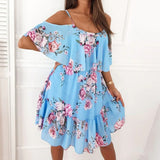 Women Elegant Spaghetti Strap Off Shoulder Ruffled Summer A-Line Floral Dress