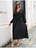 Fashion Womens Solid V Neck Lace Up High Waist Long Dresses