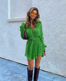 Fashion Long Sleeve Green Pleated Shirt Dress