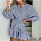 Elegant Plaid Batwing Long Sleeve Spring Summer Ruffle Mini Shirt Dresses