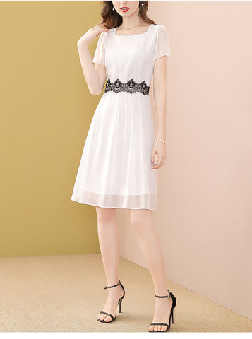 Summer New Square Neck Mid-length A-line White Lace Chiffon Dress