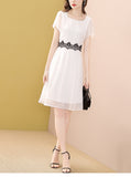 Summer New Square Neck Mid-length A-line White Lace Chiffon Dress