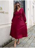 Fashion Womens Solid V Neck Lace Up High Waist Long Dresses