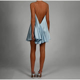 Chain Sling Cutout Satin Sexy Sleeveless Backless Ruffle Hem Female Dresses