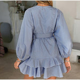 Elegant Plaid Batwing Long Sleeve Spring Summer Ruffle Mini Shirt Dresses
