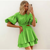 Summer Cotton Puff Sleeve Hollow Out Backless Ruffle Lace Up Mini Dress
