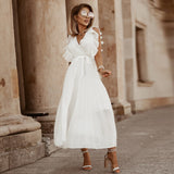 Fashion Sexy Casual Lotus Leaf Sleeve Chiffon Pleated Skirt Dress