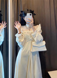 Women Fashion Puffer Sleeve Elegant One Piece French Lace Vintage Dress