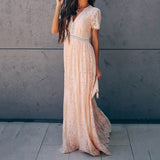 Summer New V Neck Embroidery Lace Hollow Out Maxi Dress