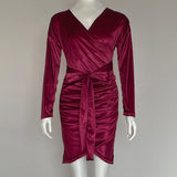 sexy women's wear large V-neck slim fit women's long sleeved belt velvet dress