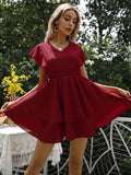 Fashion V-neck Solid Elegant Party Dress Lotus Leaf Sleeves Princess Women Dress