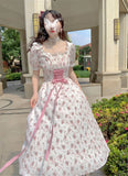 Elegant Floral Dress Women Lace Up Korean Princess Fairy Dress