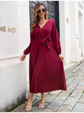 Fashion Womens Solid V Neck Lace Up High Waist Long Dresses
