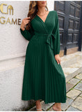 Fashion Womens Solid V Neck Lace Up High Waist Long Dresses