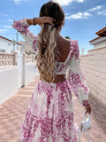 Sexy V-Neck Backless Hollow Out Lantern Sleeve Maxi Dress