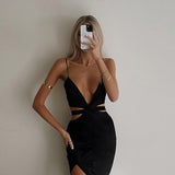 Women  Elegant Sexy Sleeveless Backless V Neck Black Prom Dress