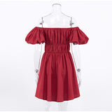 Brick Red Fold A-line Cotton Puff Sleeve Slash Neck Women's Dress
