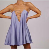 Chain Sling Cutout Satin Sexy Sleeveless Backless Ruffle Hem Female Dresses