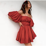 Brick Red Fold A-line Cotton Puff Sleeve Slash Neck Women's Dress