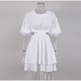 Summer Cotton Puff Sleeve Hollow Out Backless Ruffle Lace Up Mini Dress