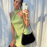 Summer Sexy Sleeveless Slim Pleated Halter Green Dress