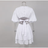 Summer Cotton Puff Sleeve Hollow Out Backless Ruffle Lace Up Mini Dress