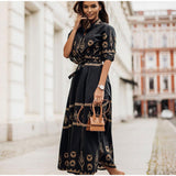 Women Cotton Retro Half Sleeve Elegant Print Lace Up Shirt Dress