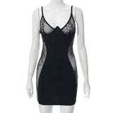 V Neck Slim Sexy Lace Mesh See Through Black Bodycon Dress