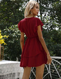 Fashion V-neck Solid Elegant Party Dress Lotus Leaf Sleeves Princess Women Dress
