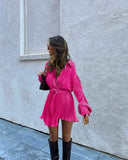 Fashion Long Sleeve Green Pleated Shirt Dress