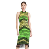 Summer Sleeveless Fringed Contrast Color Striped Panel Slim Fit Women Dress