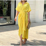 Women Turn-down Collar Lace Up Folds Single Breasted Dress