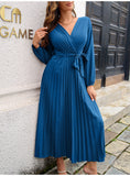 Fashion Womens Solid V Neck Lace Up High Waist Long Dresses