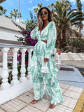 Sexy V-Neck Backless Hollow Out Lantern Sleeve Maxi Dress
