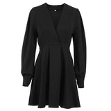 Elegant Deep V-Neck Pleated Summer Puff Sleeve Women Mini Dress