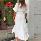 Women Turn-down Collar Lace Up Folds Single Breasted Dress
