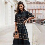 Women Cotton Retro Half Sleeve Elegant Print Lace Up Shirt Dress