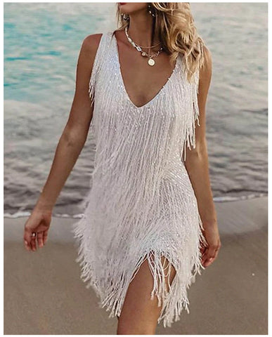 Summer Spaghetti Strap V-Neck Sequins Tassel Feather Mini Dress