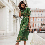 Women Cotton Retro Half Sleeve Elegant Print Lace Up Shirt Dress