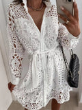 Elegant Long Sleeve New Sexy Lace Hollow Out Lace-up Dress