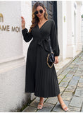 Fashion Womens Solid V Neck Lace Up High Waist Long Dresses