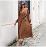 Fashion Womens Solid V Neck Lace Up High Waist Long Dresses