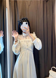 Women Fashion Puffer Sleeve Elegant One Piece French Lace Vintage Dress
