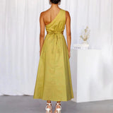 Solid Color High Waist One-Shoulder A-Line Cutout Summer Dress