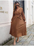 Fashion Womens Solid V Neck Lace Up High Waist Long Dresses