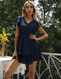 Fashion V-neck Solid Elegant Party Dress Lotus Leaf Sleeves Princess Women Dress