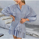 Elegant Plaid Batwing Long Sleeve Spring Summer Ruffle Mini Shirt Dresses